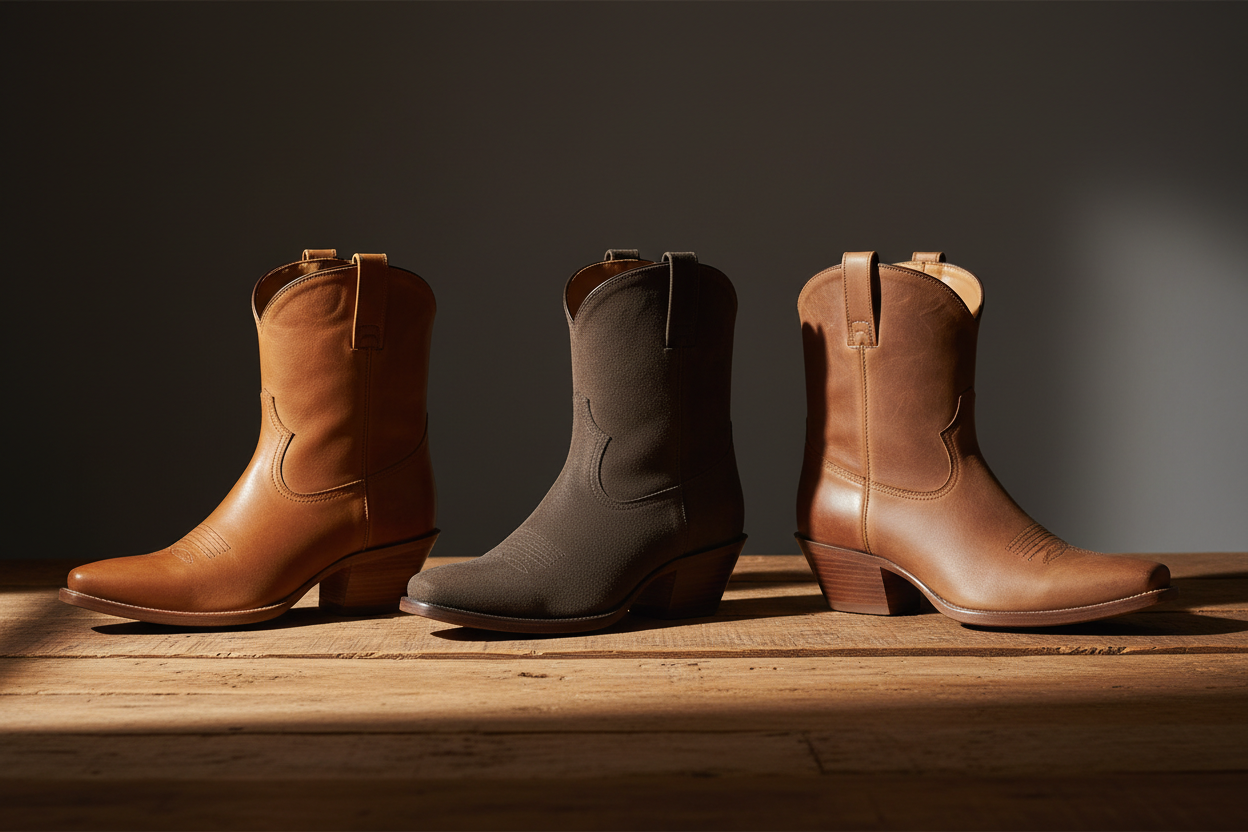Three unbranded western boot styles displayed side by side for comparison