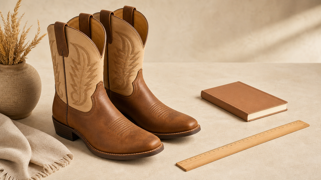 Unbranded western boots beside a ruler and blank notebook on a warm cream surface