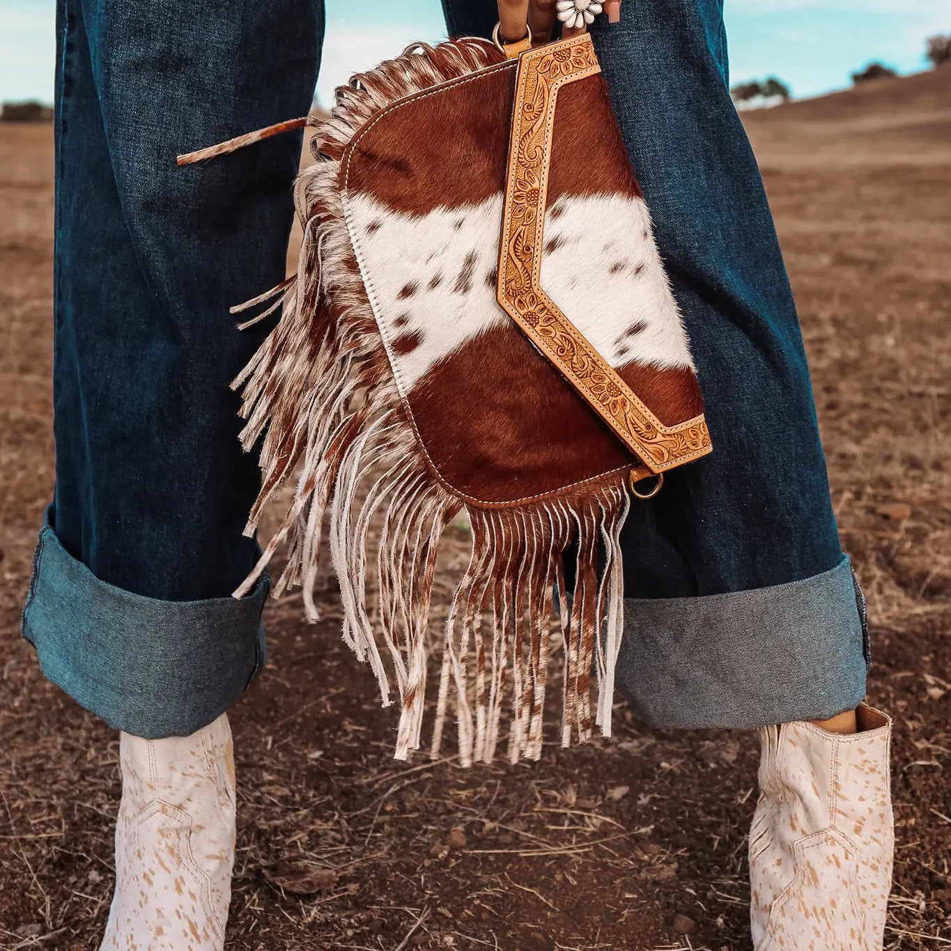 The Dallas Fringe Cowhide Leather Tooled Purse
