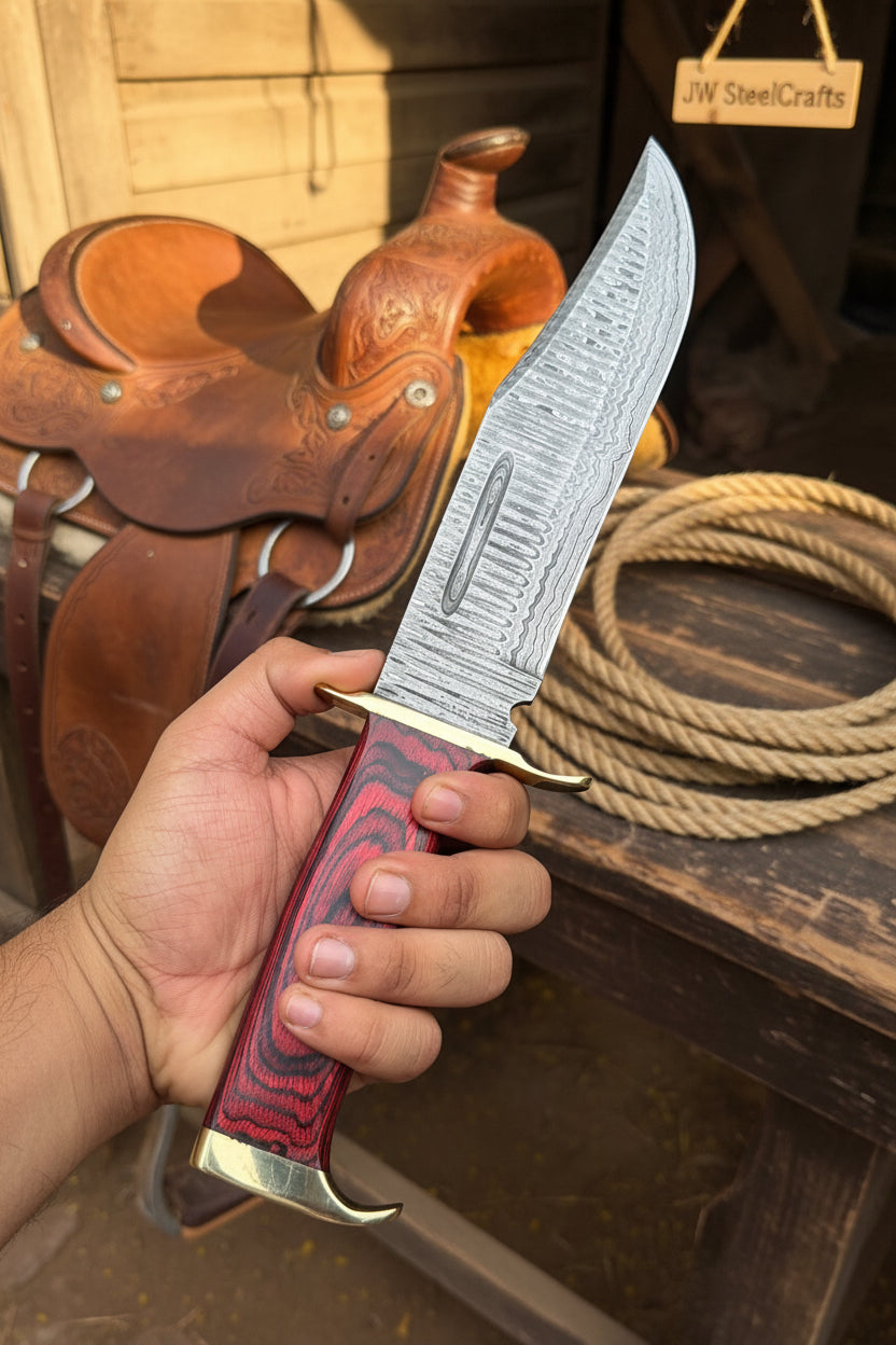 Handmade Damascus Clip Point Bowie Utility Knife Fixed Blade Pakka Wood Handle with Guard