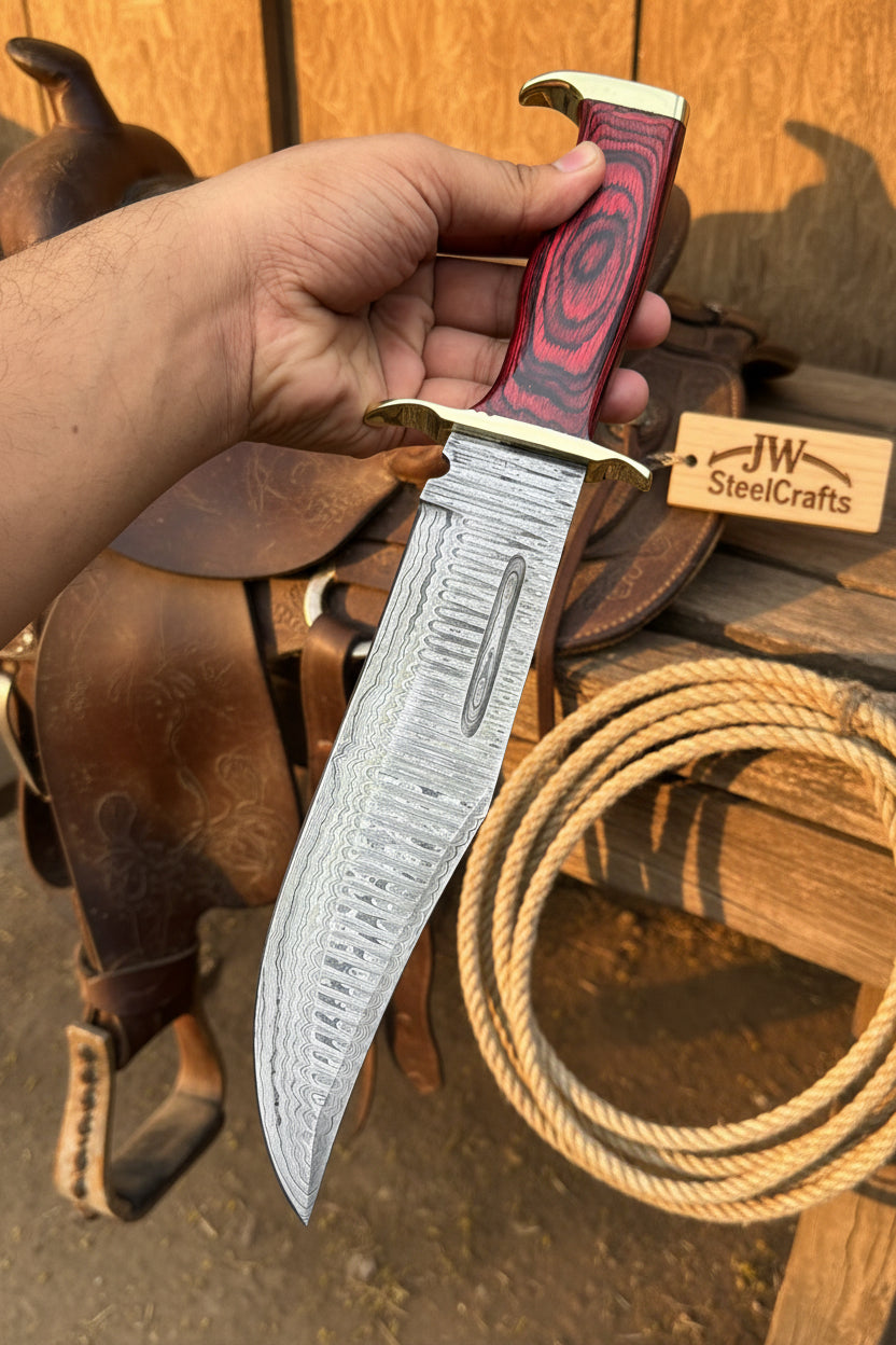 Handmade Damascus Clip Point Bowie Utility Knife Fixed Blade Pakka Wood Handle with Guard