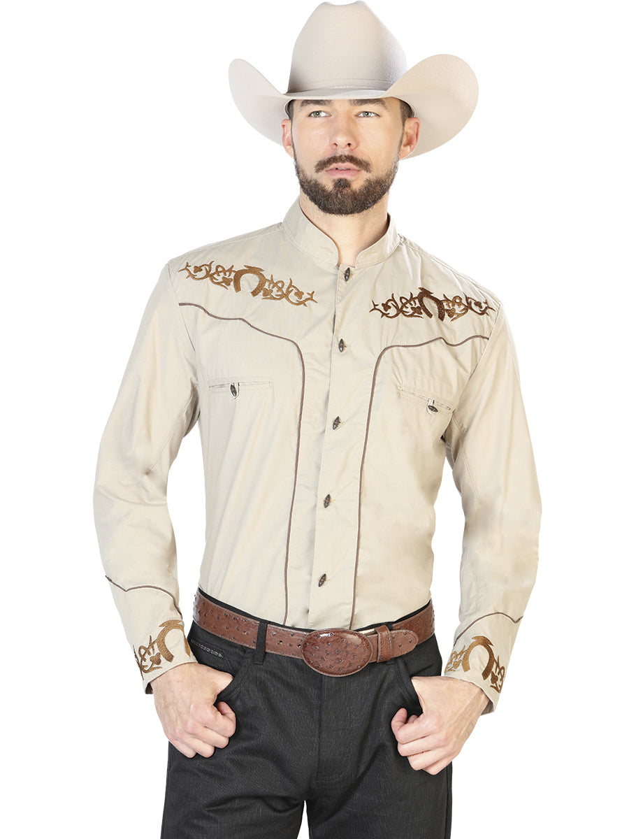 El General Men's Traditional Embroidered Western Charro Shirt Khaki/Brown 40789