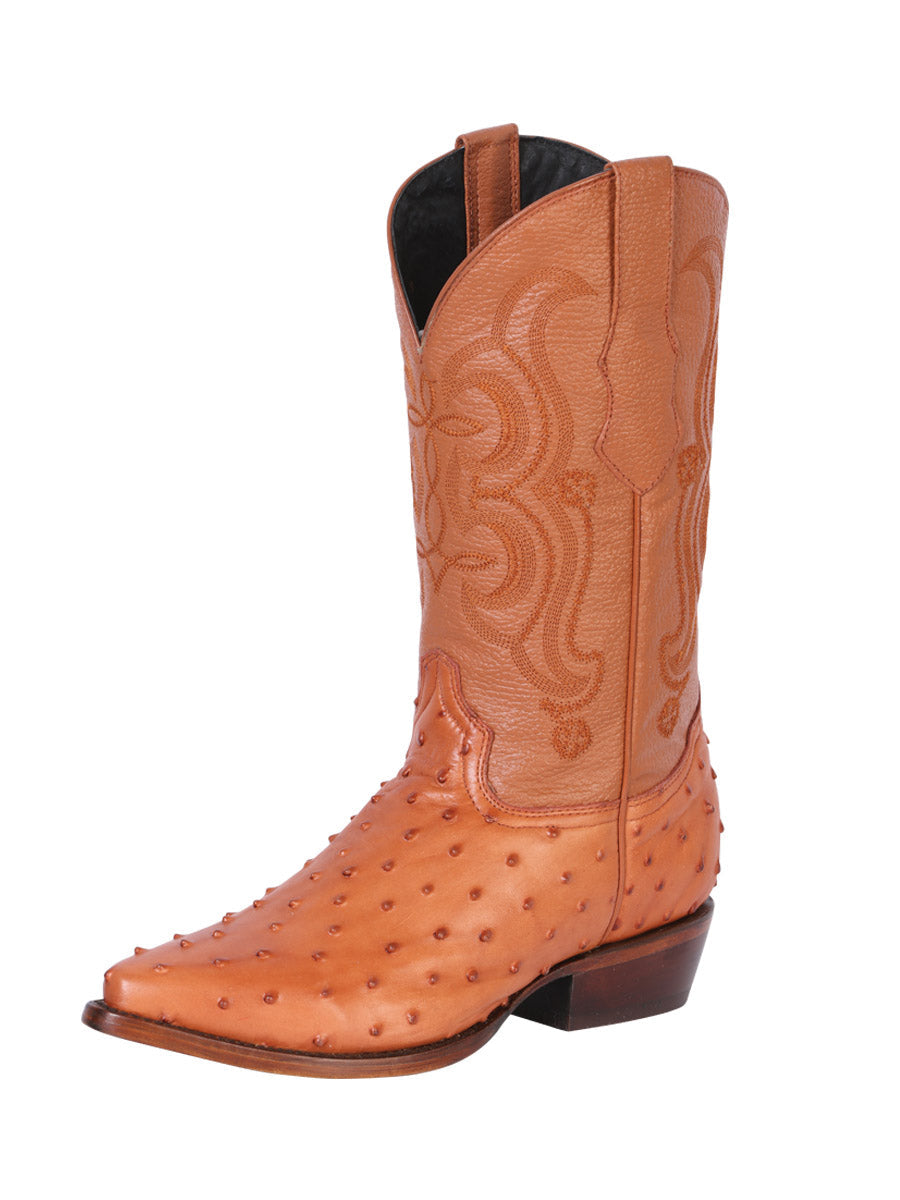 Men’s Pointed Toe Leather Cowboy Boot - Imitation Ostrich Print - Cognac 40835