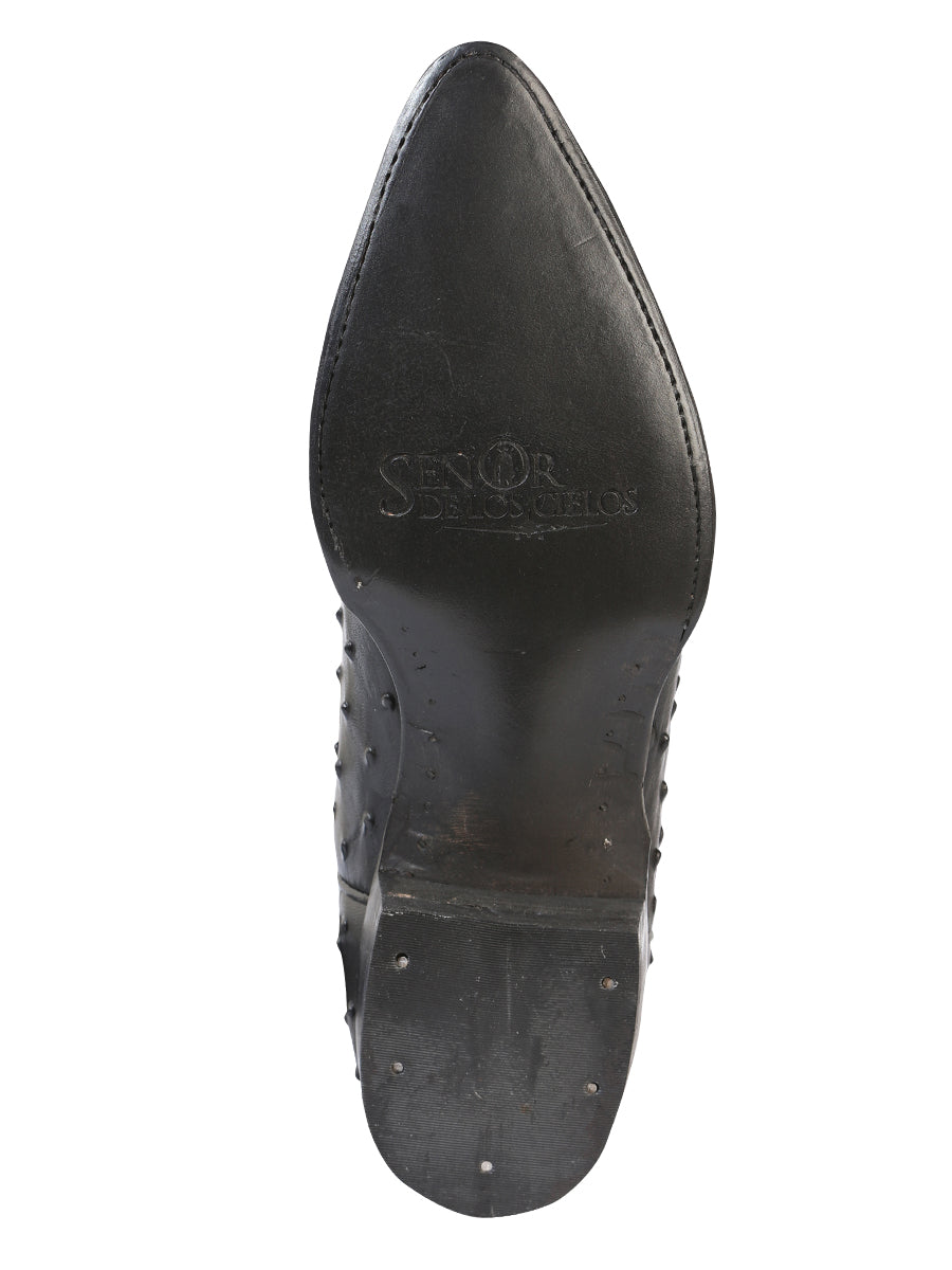 Men’s Leather Pointed Toe Western Cowboy Boots - Embossed Leather Ostrich Print - Black 40836 — view 3