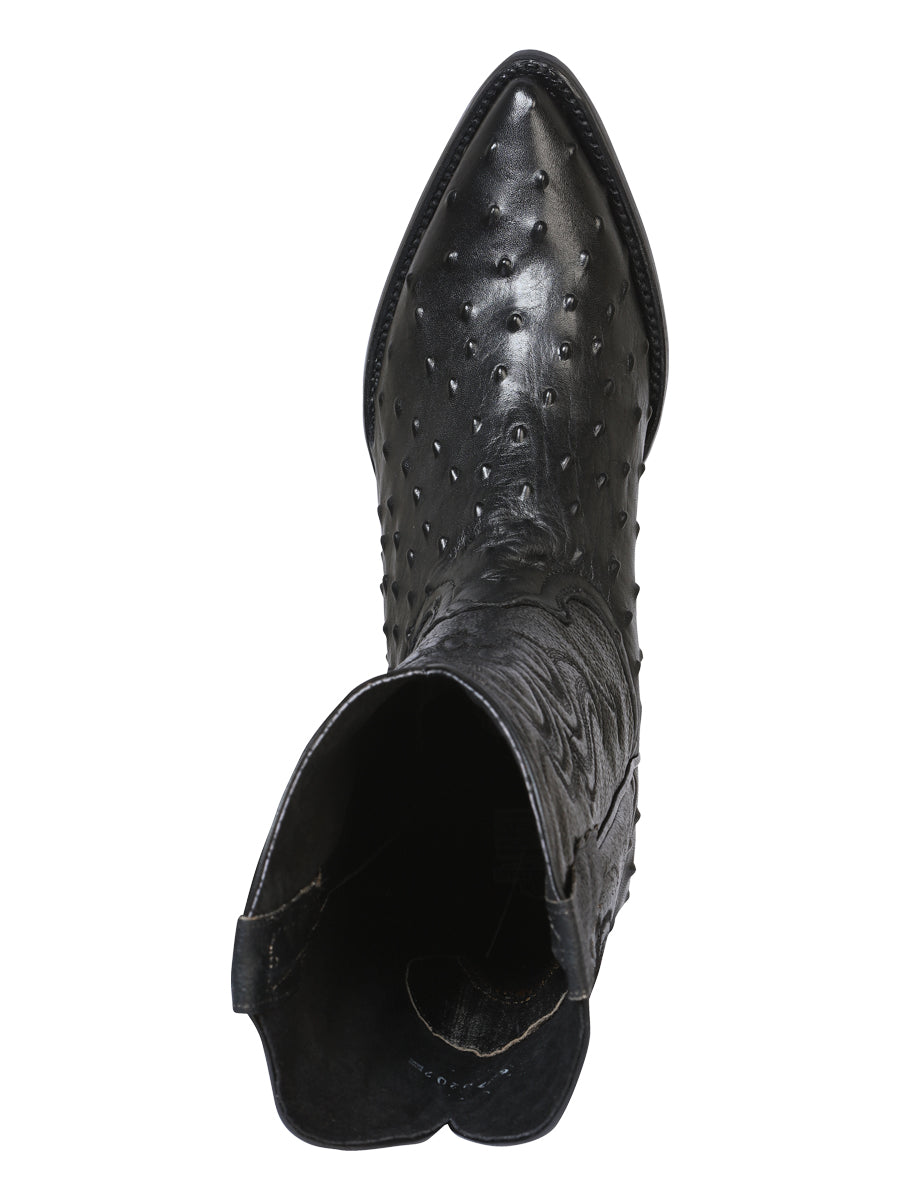Men’s Leather Pointed Toe Western Cowboy Boots - Embossed Leather Ostrich Print - Black 40836 — view 2