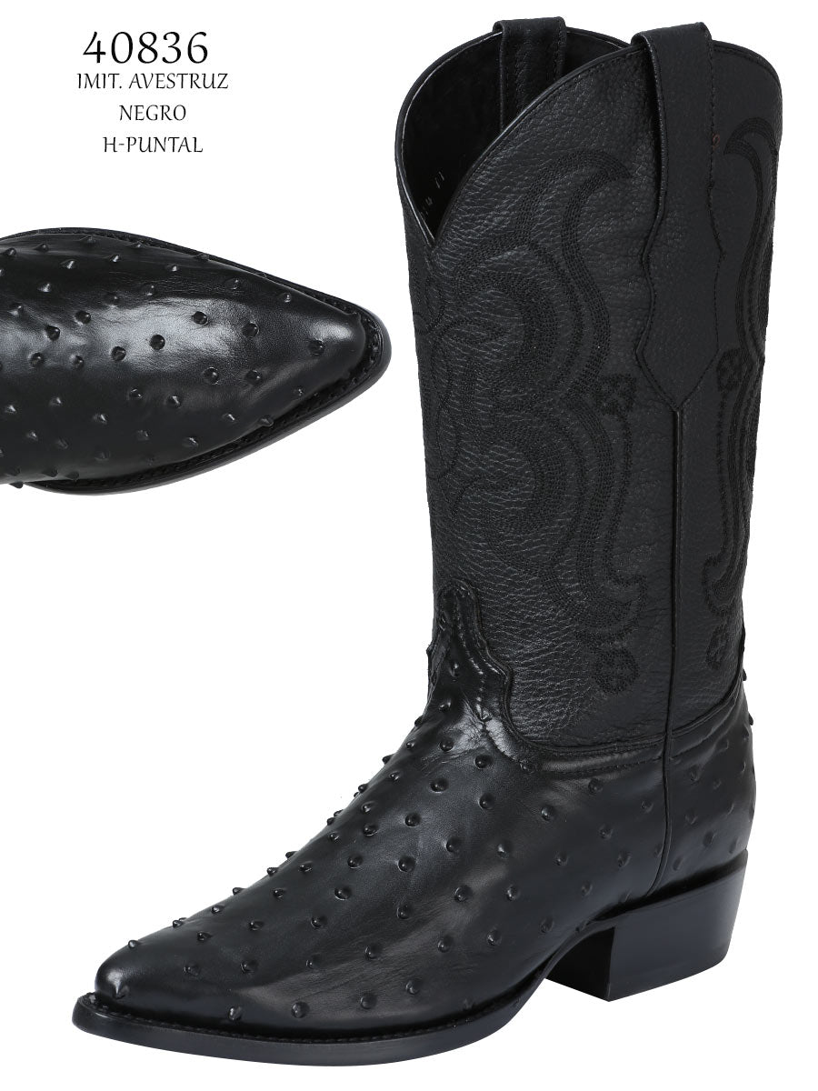 Men’s Leather Pointed Toe Western Cowboy Boots - Embossed Leather Ostrich Print - Black 40836