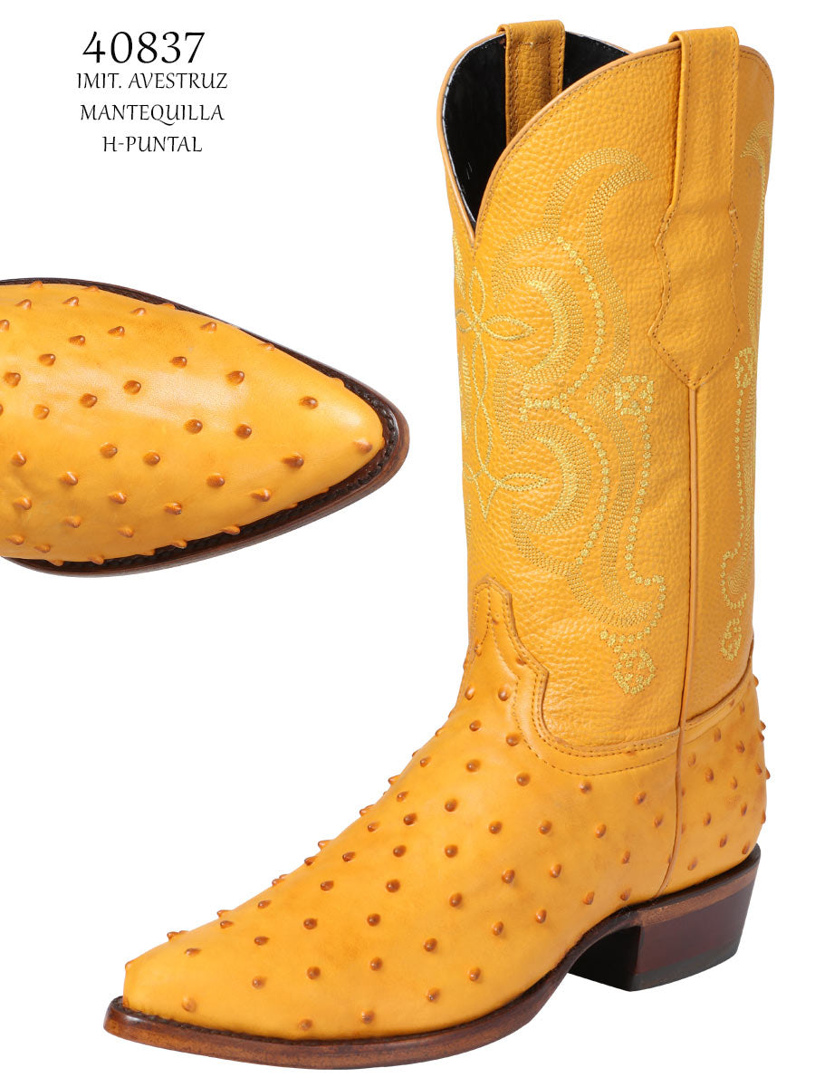 Men's Pointed Toe Leather Cowboy Boots - Made in Mexico - Embossed Ostrich Print - Butter 40837