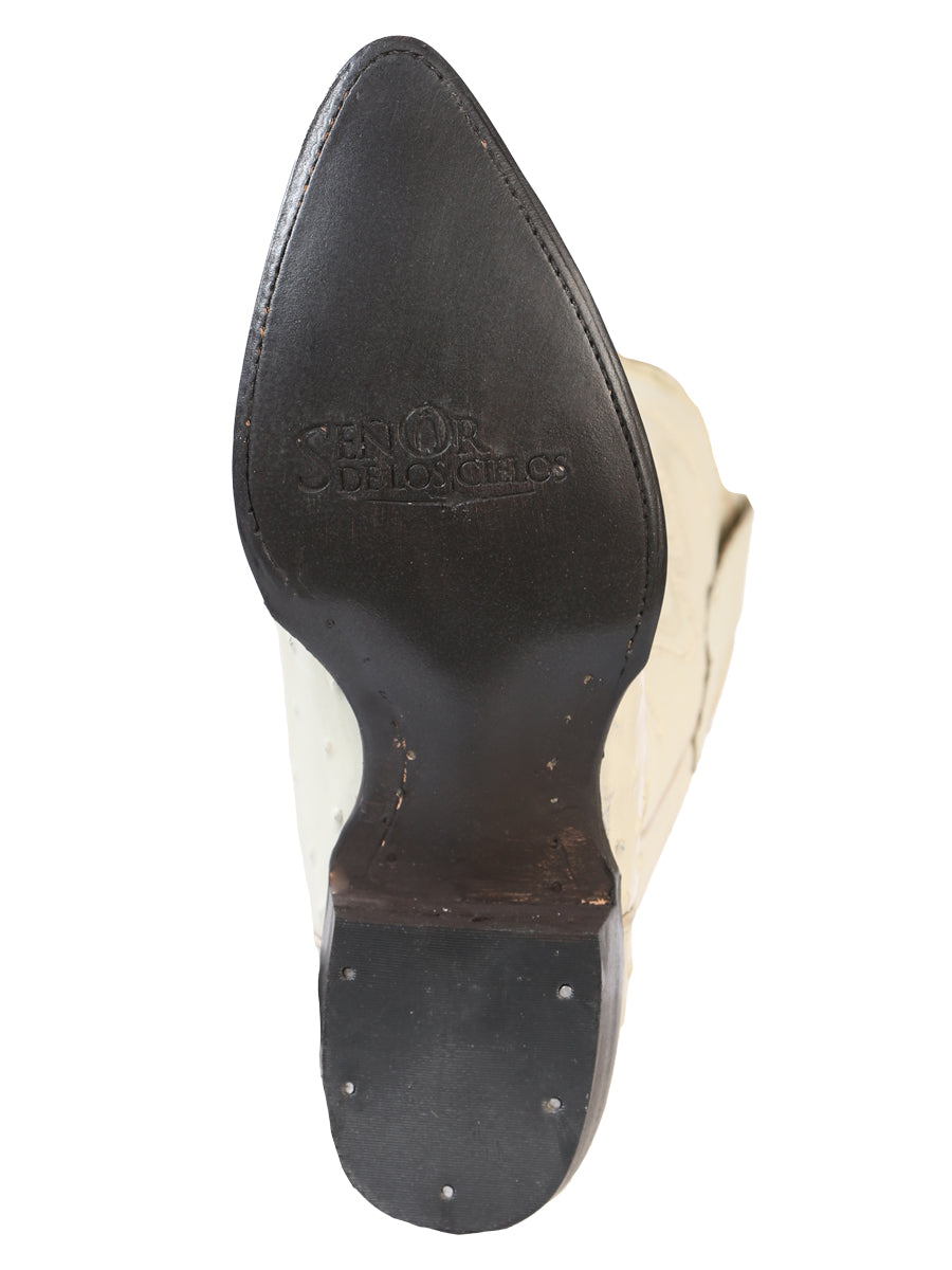 Men’s Pointed Toe Leather Cowboy Boots - Made in Mexico - Embossed Ostrich Print - Bone White 40839 — view 3