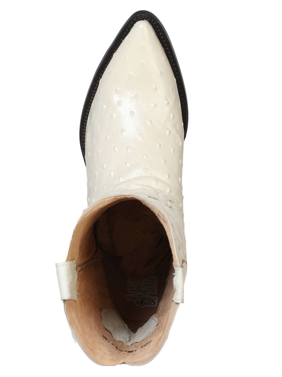 Men’s Pointed Toe Leather Cowboy Boots - Made in Mexico - Embossed Ostrich Print - Bone White 40839 — view 2