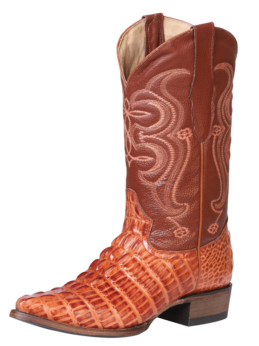 Men's Pointed Toe Leather Cowboy Boot - Made in Mexico - Embossed Hornback Caiman Print - Cognac 40841