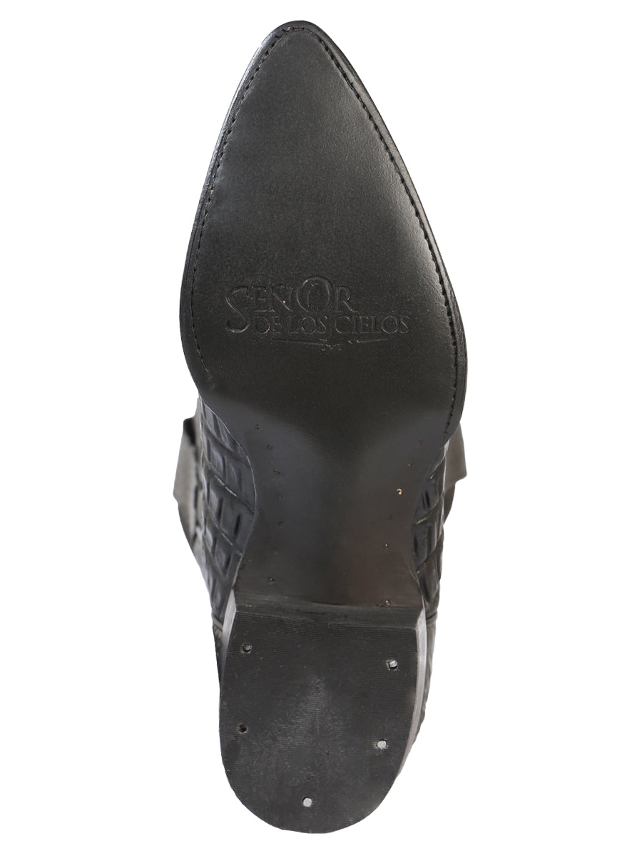 Men's Pointed Toe Leather Cowboy Boots - Made in Mexico - Embossed Hornback Caiman Print - Black 40842 — view 3