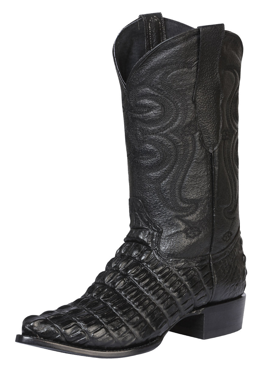 Men's Pointed Toe Leather Cowboy Boots - Made in Mexico - Embossed Hornback Caiman Print - Black 40842