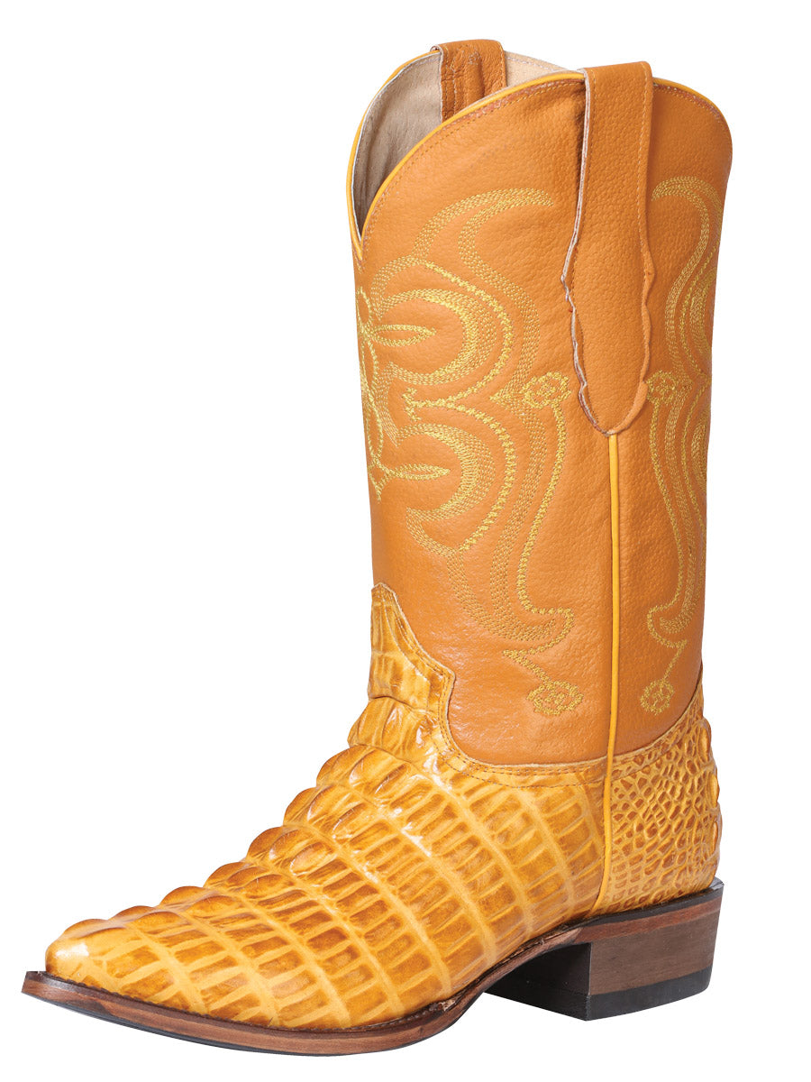 Men's Pointed Toe Leather Cowboy Boots - Made in Mexico - Embossed Hornback Caiman Print - Butter 40843