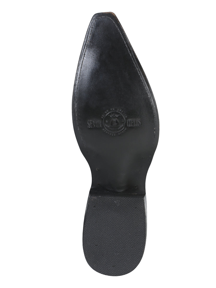 Men’s Snip Toe Leather Western Cowboy Boot - Embossed Ostrich Print - Black 40848 — view 5