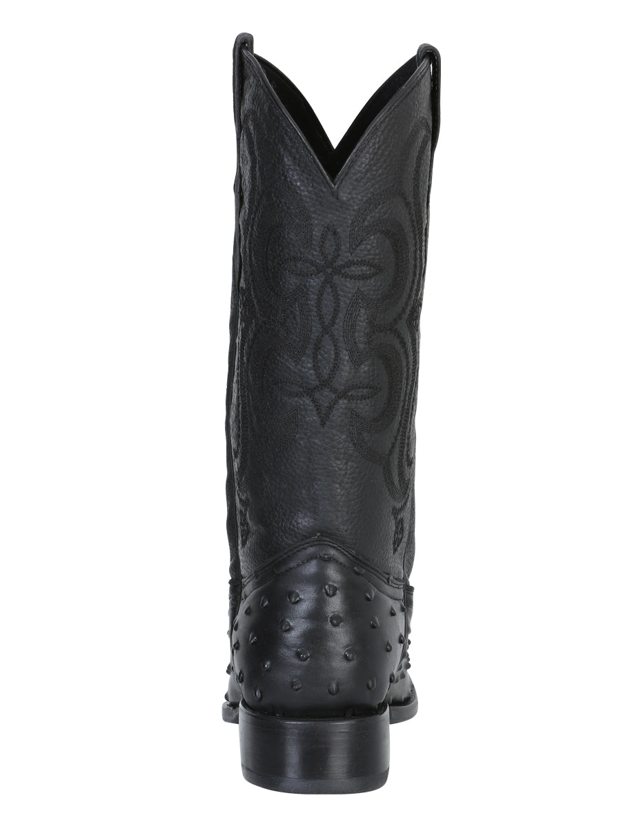 Men’s Snip Toe Leather Western Cowboy Boot - Embossed Ostrich Print - Black 40848 — view 3