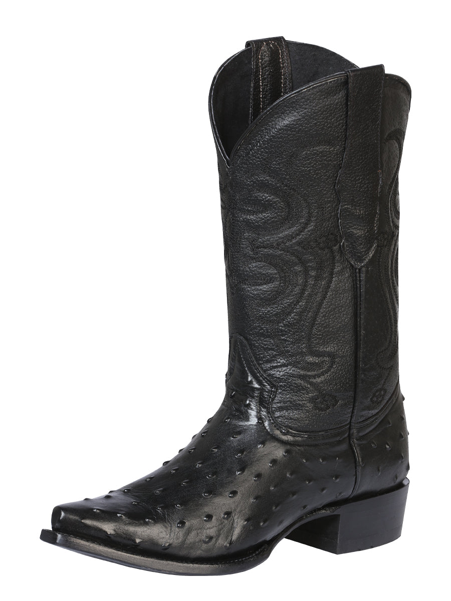 Men’s Snip Toe Leather Western Cowboy Boot - Embossed Ostrich Print - Black 40848