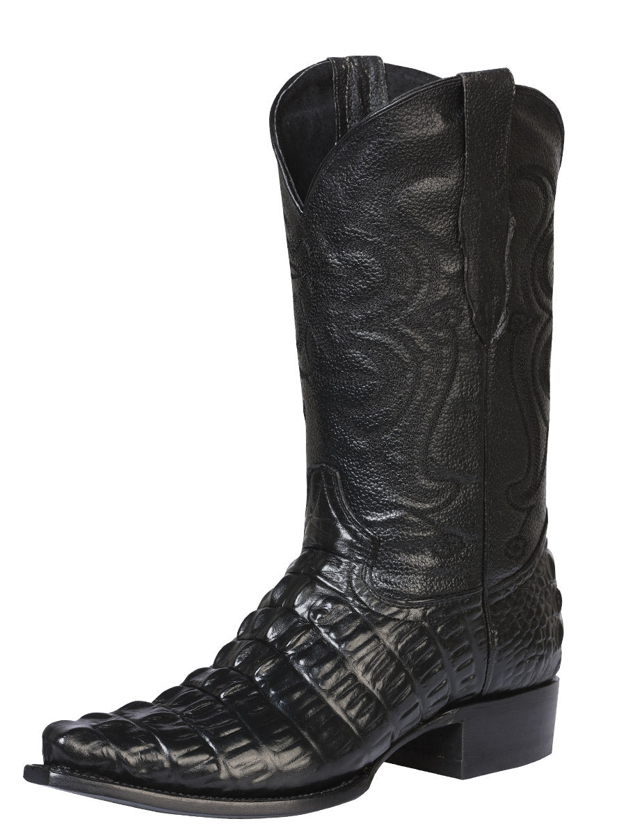 Men's Snip Toe Leather Cowboy Boots - Made in Mexico - Embossed Hornback Caiman Print - Black 40854