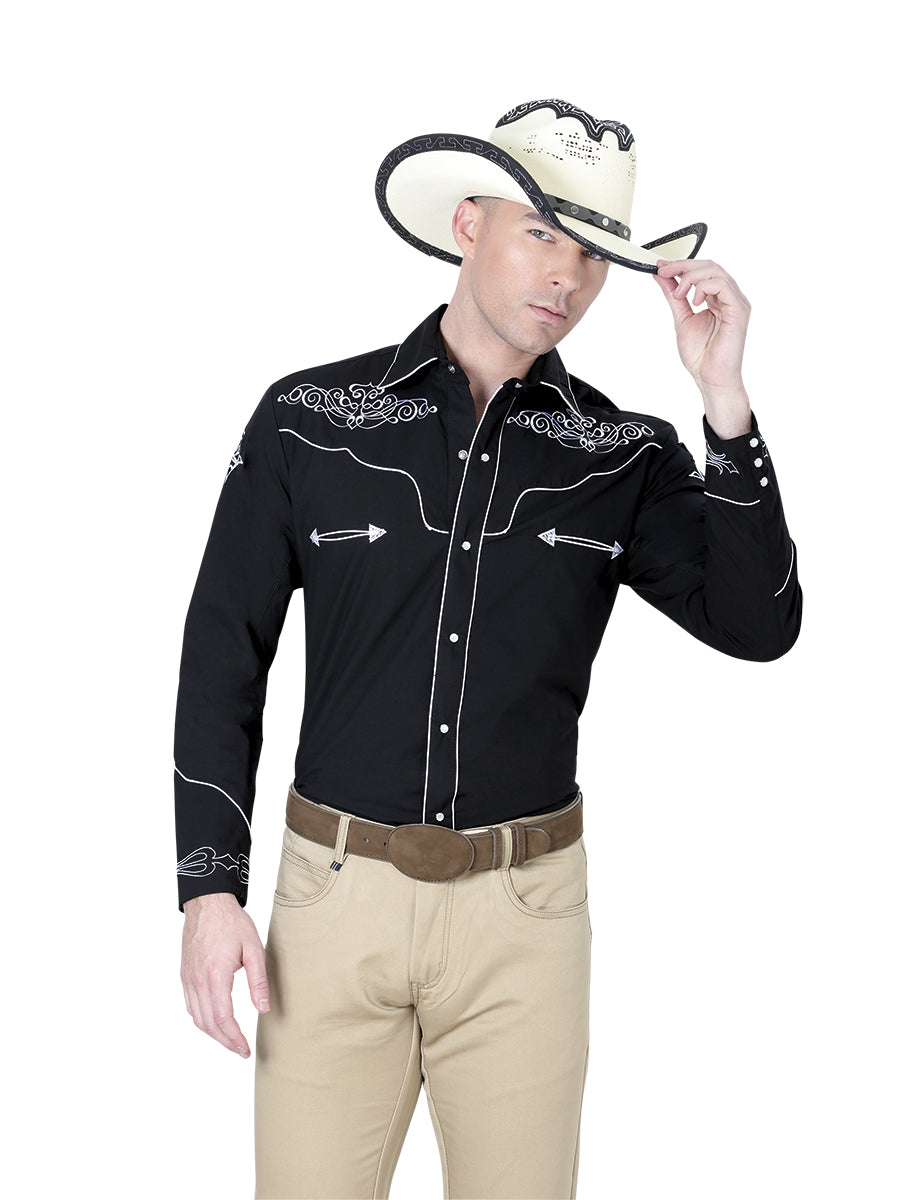 El General Men's Traditional Embroidered Western Charro Shirt Black/White 40983