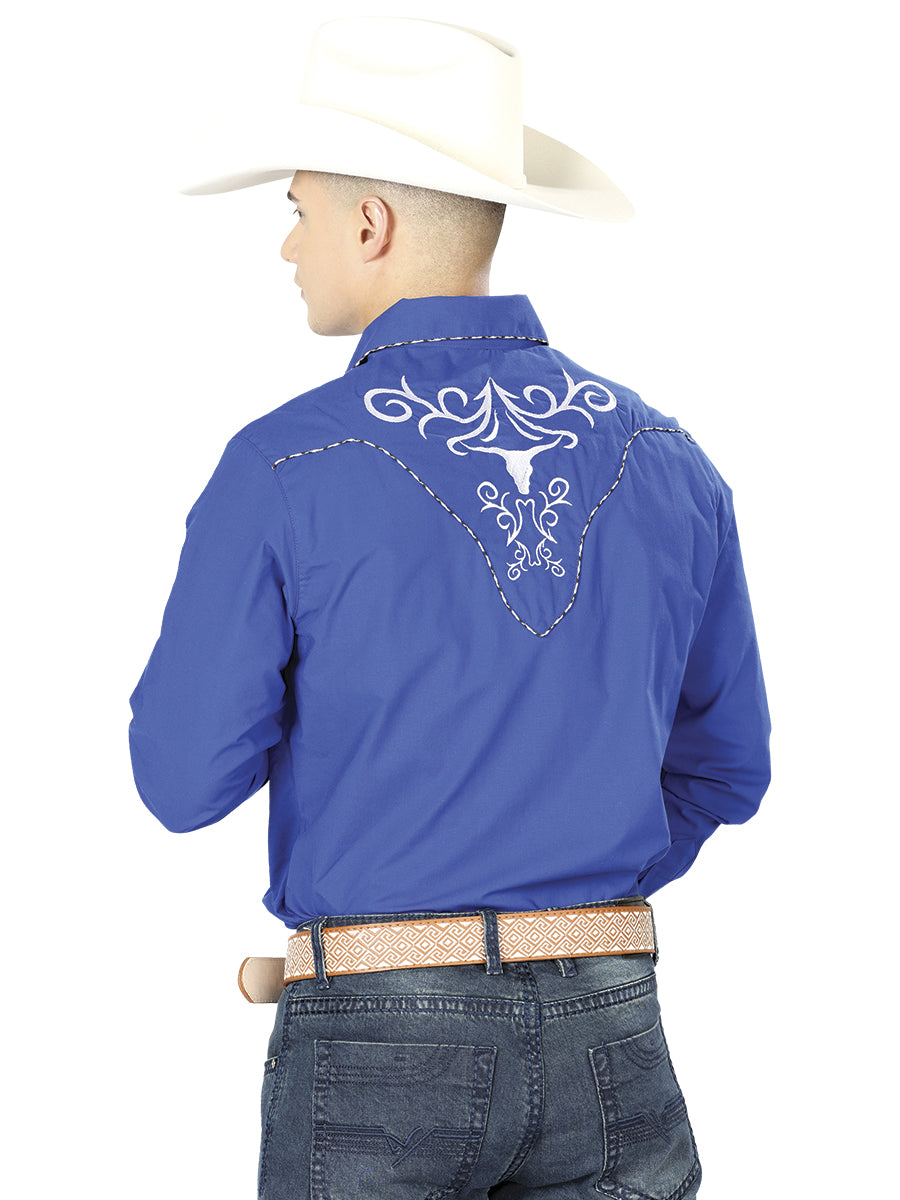 El General Men's Traditional Embroidered Western Charro Shirt Royal Blue/White 41005 — view 2
