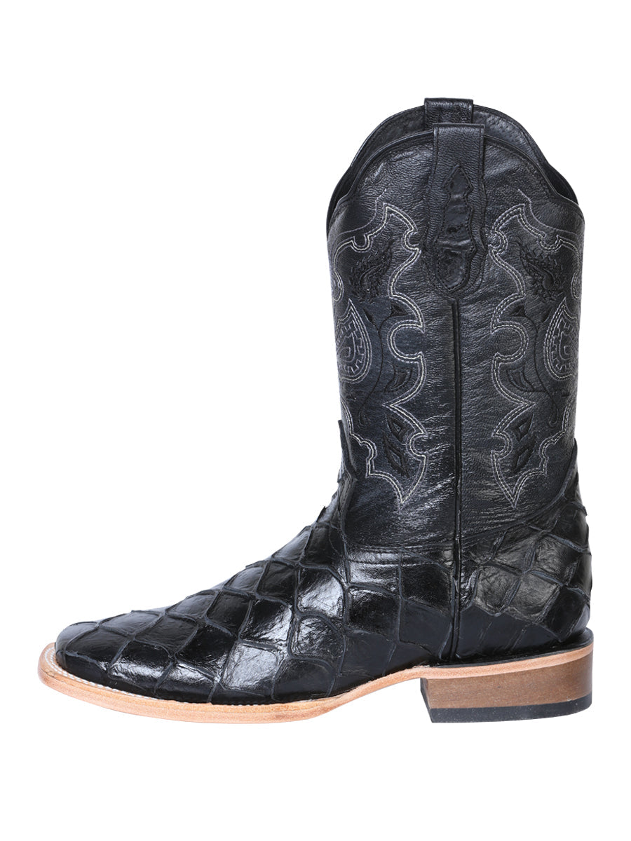 El General Men's Leather Cowboy Boot - Made in Mexico - Embossed Pirarucu Monster Fish Black 41792 — view 2
