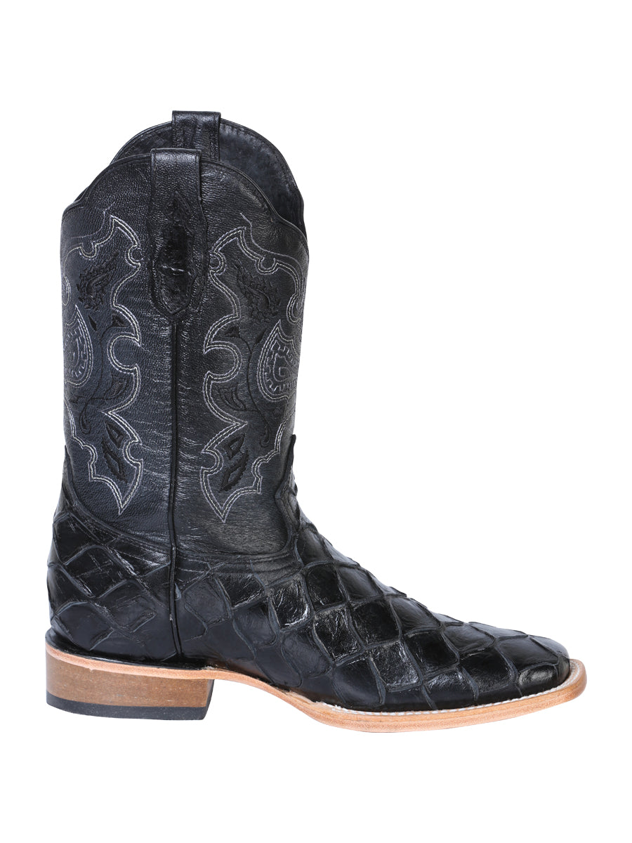 El General Men's Leather Cowboy Boot - Made in Mexico - Embossed Pirarucu Monster Fish Black 41792 — view 3