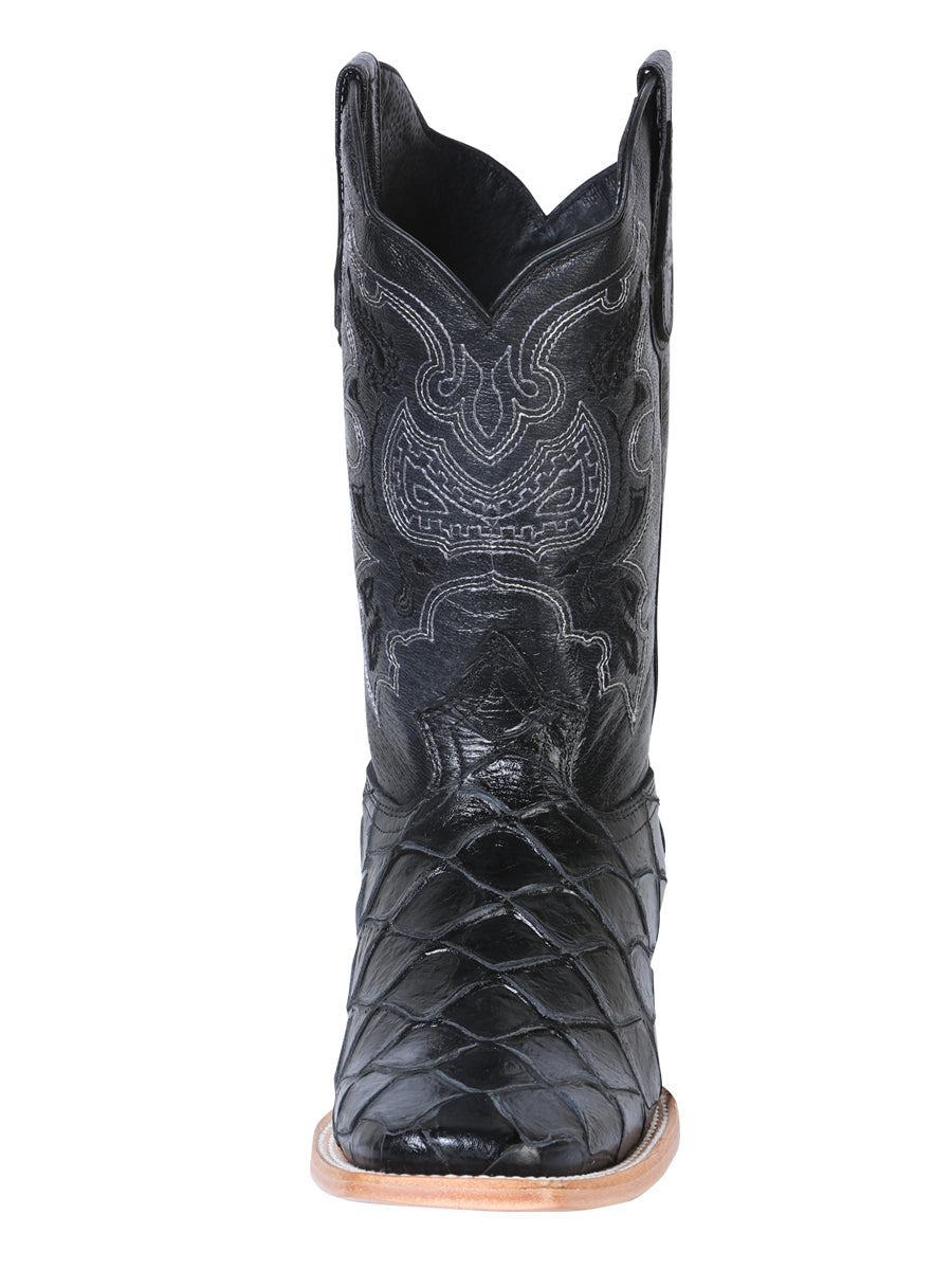 El General Men's Leather Cowboy Boot - Made in Mexico - Embossed Pirarucu Monster Fish Black 41792 — view 4