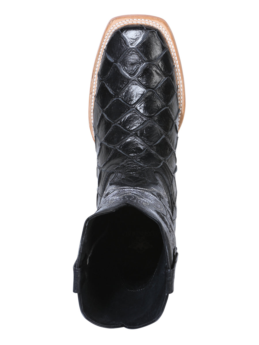 El General Men's Leather Cowboy Boot - Made in Mexico - Embossed Pirarucu Monster Fish Black 41792 — view 5
