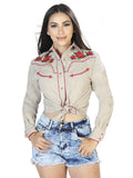 Women's Traditional Embroidered Western Shirt - Khaki/Red Floral 42963