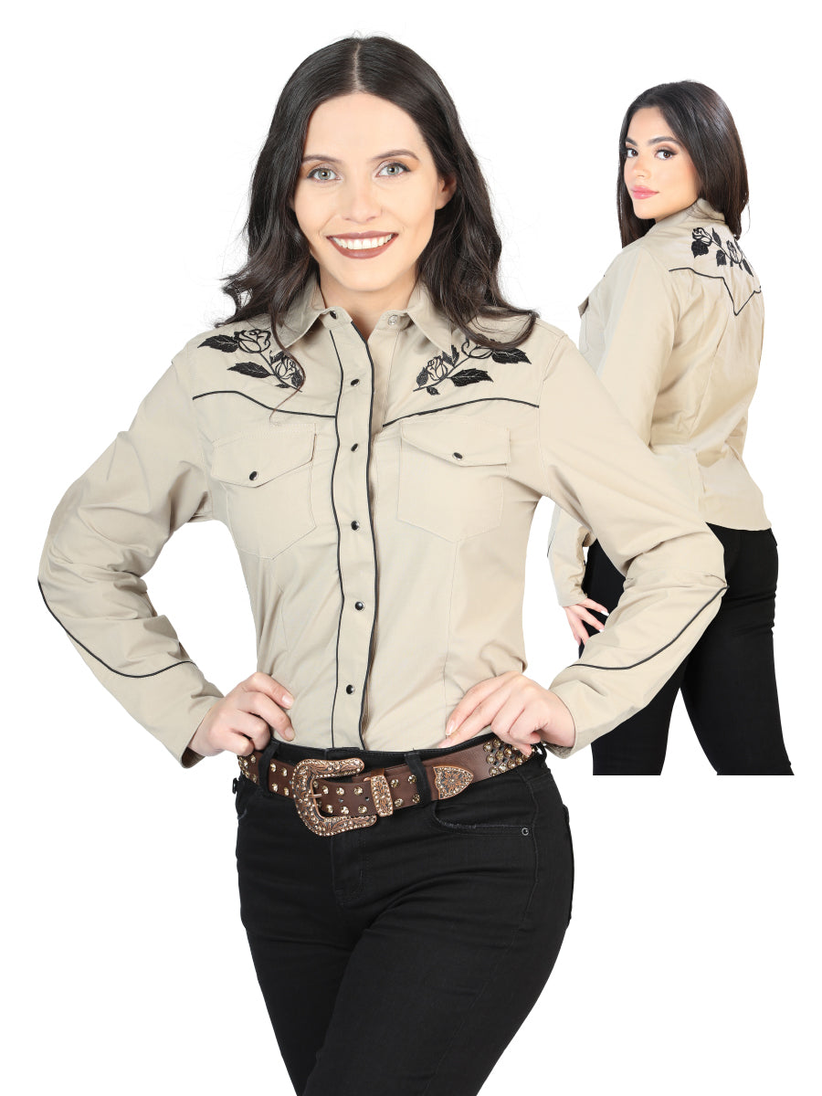 Women's Traditional Embroidered Western Shirt - Khaki 42969