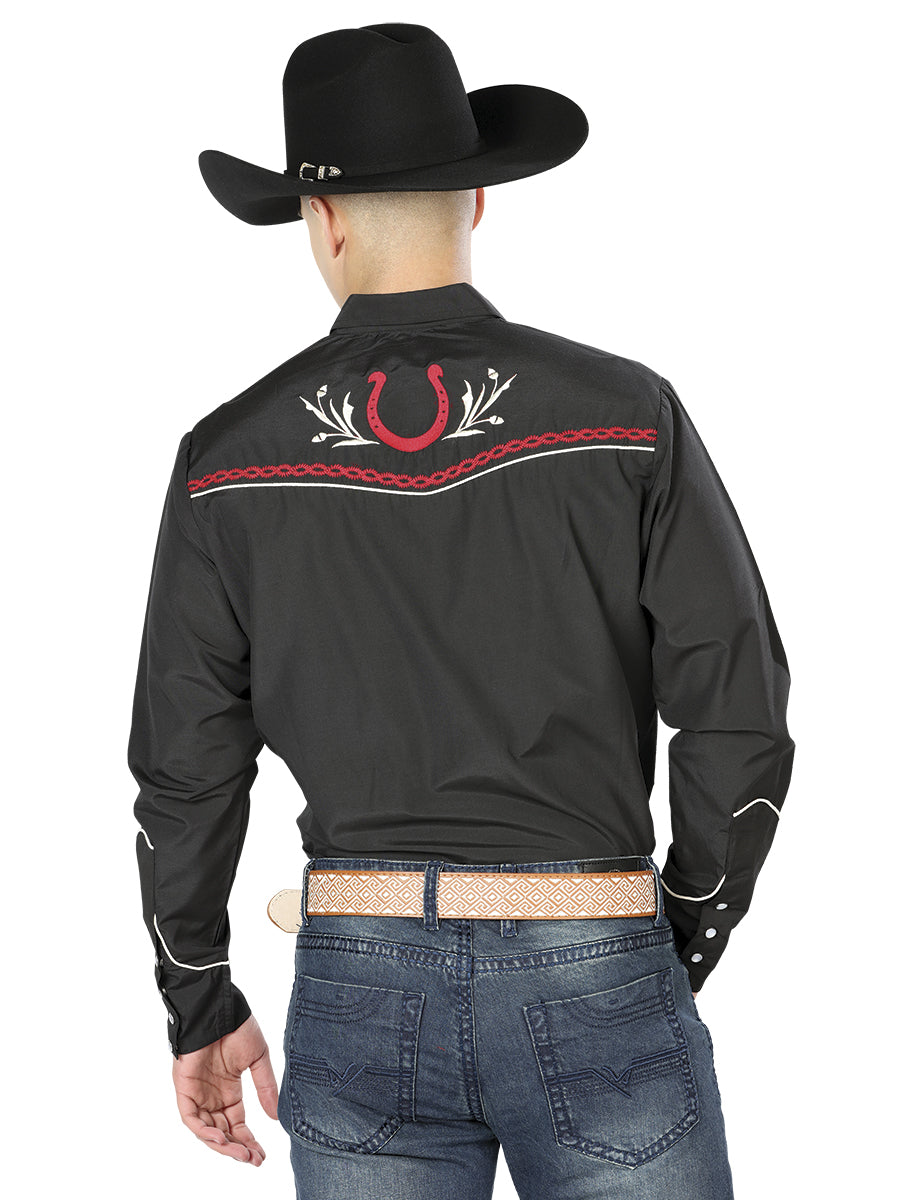El General Men's Traditional Embroidered Western Charro Shirt Black/Red 43293 — view 2