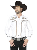 El General Men's Traditional Embroidered Western Charro Shirt White/Gold 43296