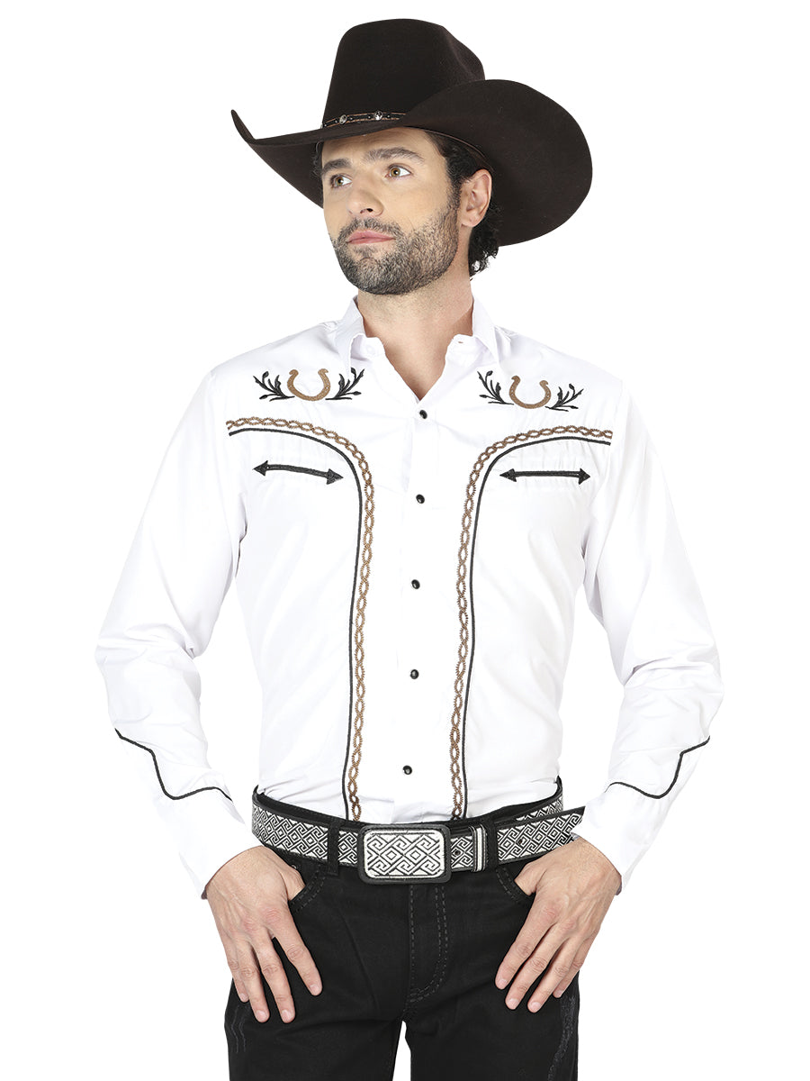 El General Men's Traditional Embroidered Western Charro Shirt White/Gold 43296