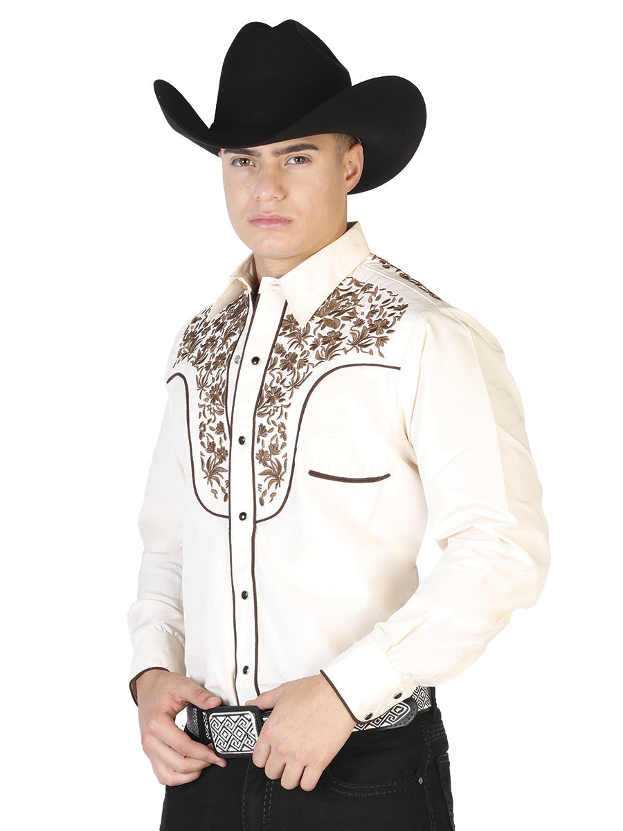 El General Men's Traditional Embroidered Western Charro Shirt - Beige/Gold 43299