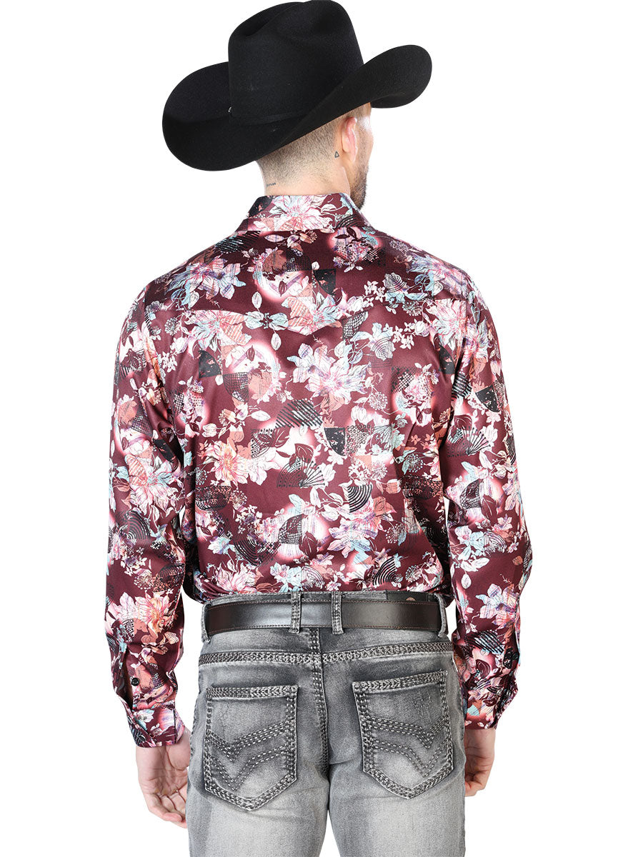 Wine And Beige Flower Print Casual Long Sleeve Shirt 43936 — view 2