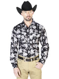 Black Flower Print Casual Long Sleeve Shirt 43960