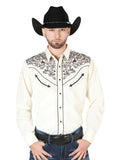 Men's Traditional Embroidered Western Shirt - Beige/Black 44189