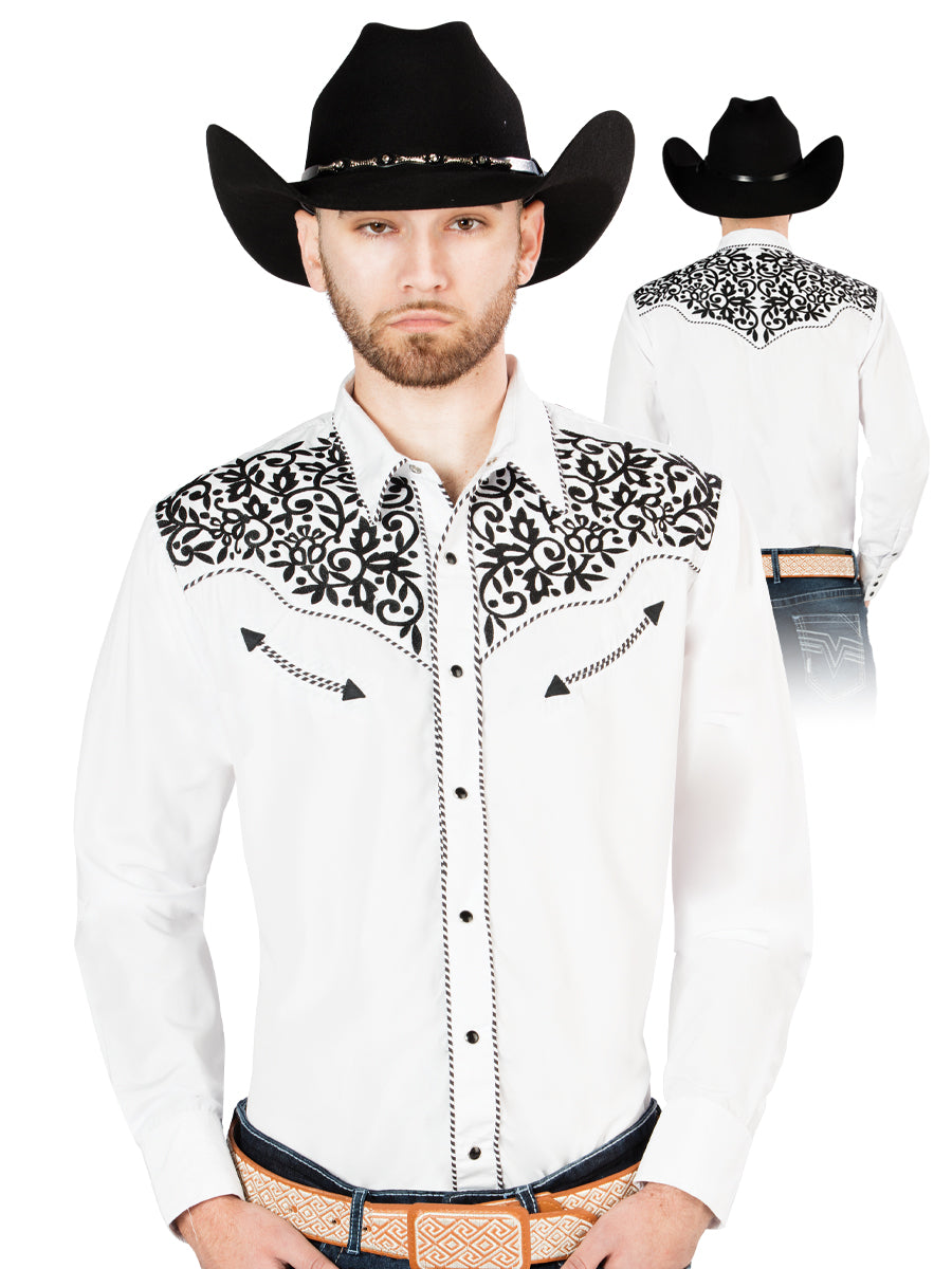 Men's Traditional Embroidered Western Shirt - White/Black 44194