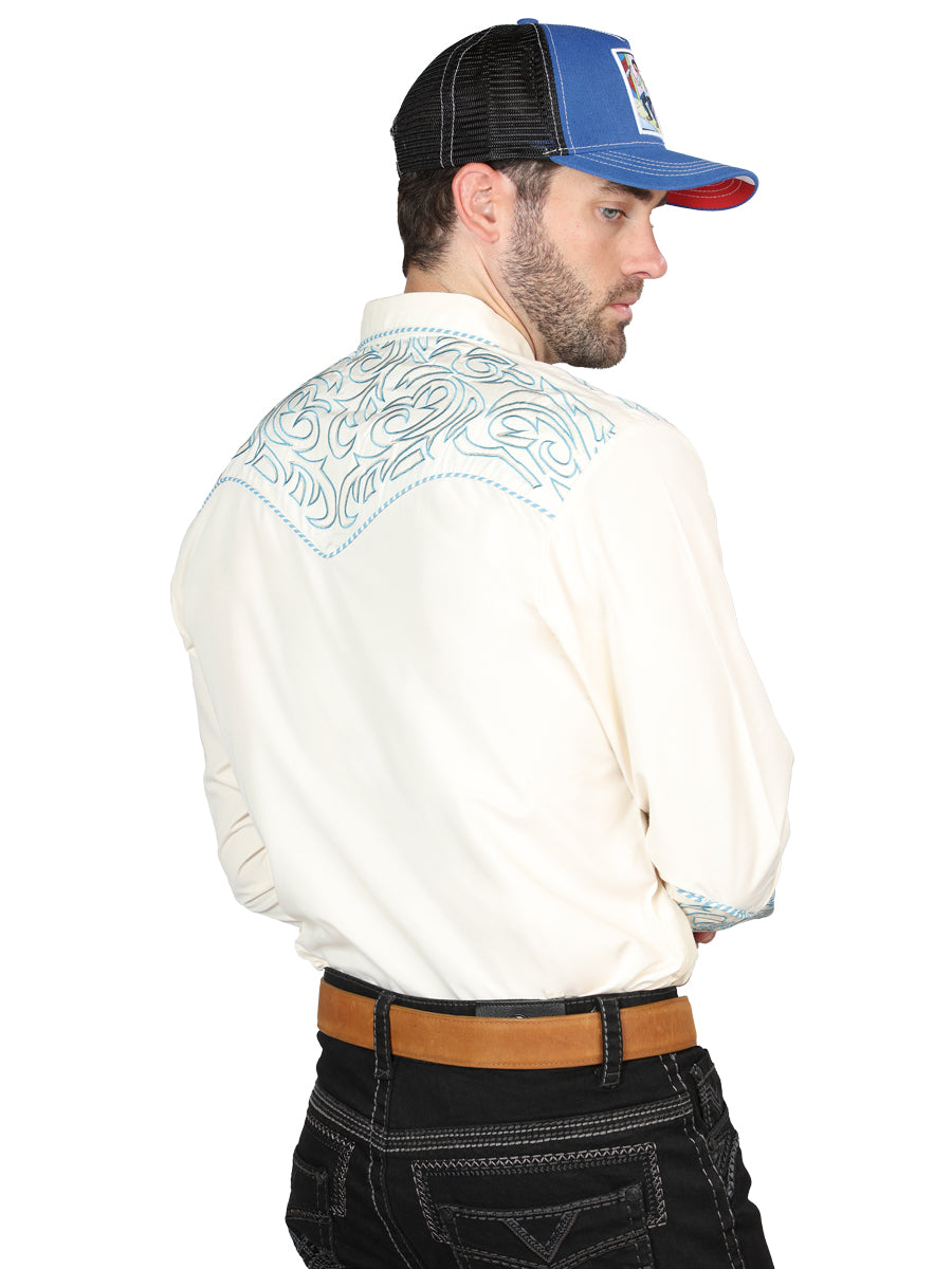 Men's Traditional Embroidered Western Shirt - Beige/Blue 44199 — view 2