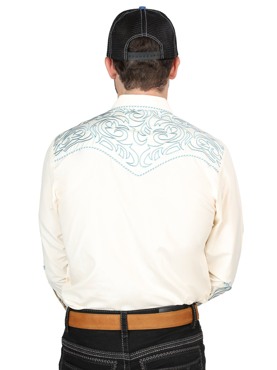 Men's Traditional Embroidered Western Shirt - Beige/Blue 44199 — view 3