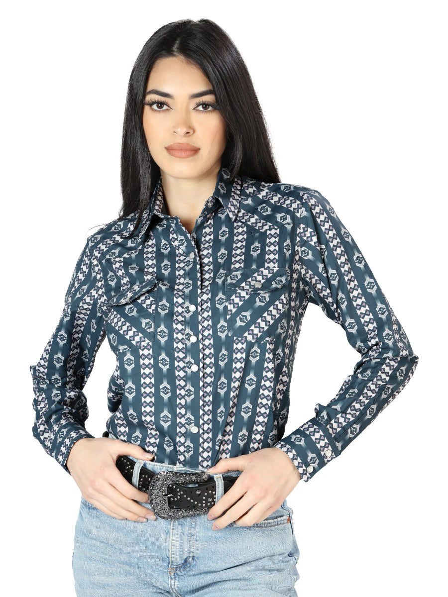 Women's Long Sleeve Western Snap Button Shirt - Blue 44202