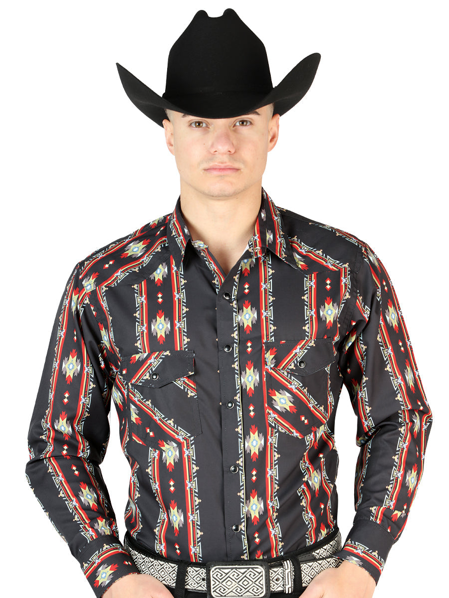 Men's Long Sleeve Western Fashion Snap Button Shirt - Black/Red 44210