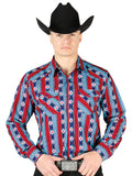 Men's Long Sleeve Western Fashion Snap Button Shirt - Blue/Red 44212