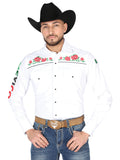 El General Men's Traditional Embroidered Western Charro Shirt White/Roses 44294