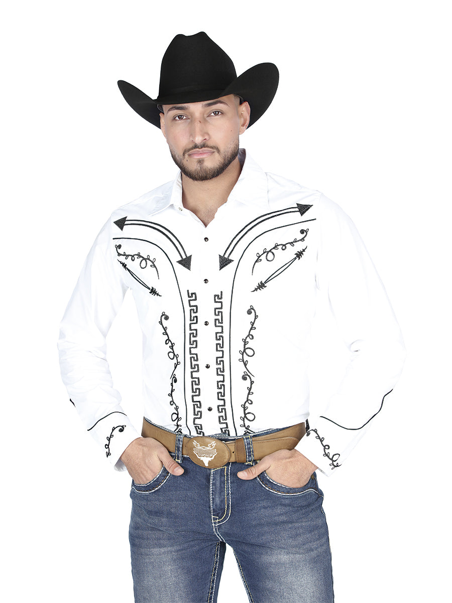 El General Men's Traditional Embroidered Western Charro Shirt - White/Black 44300