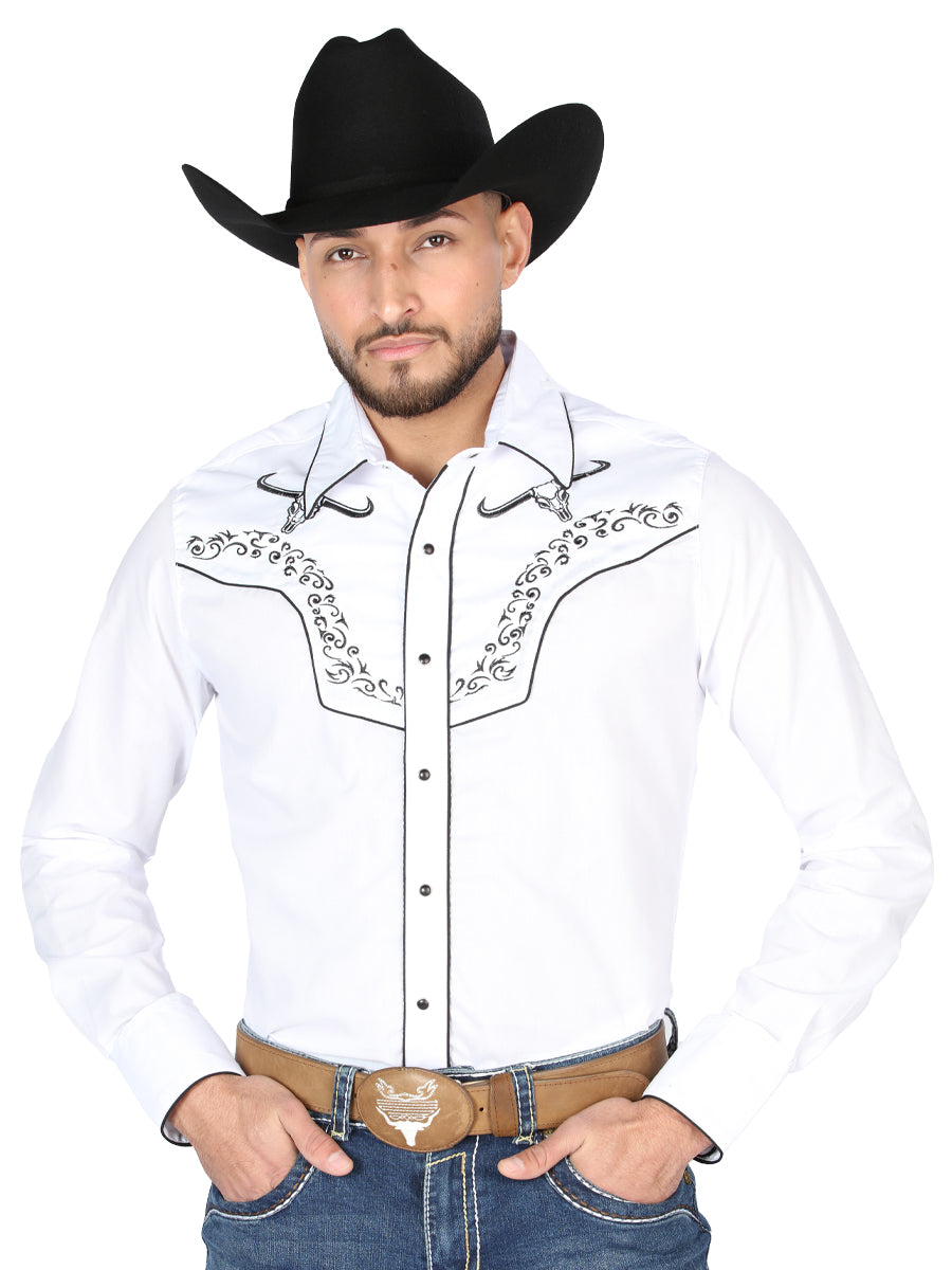 El General Men's Traditional Embroidered Western Charro Shirt - White/Black 44302
