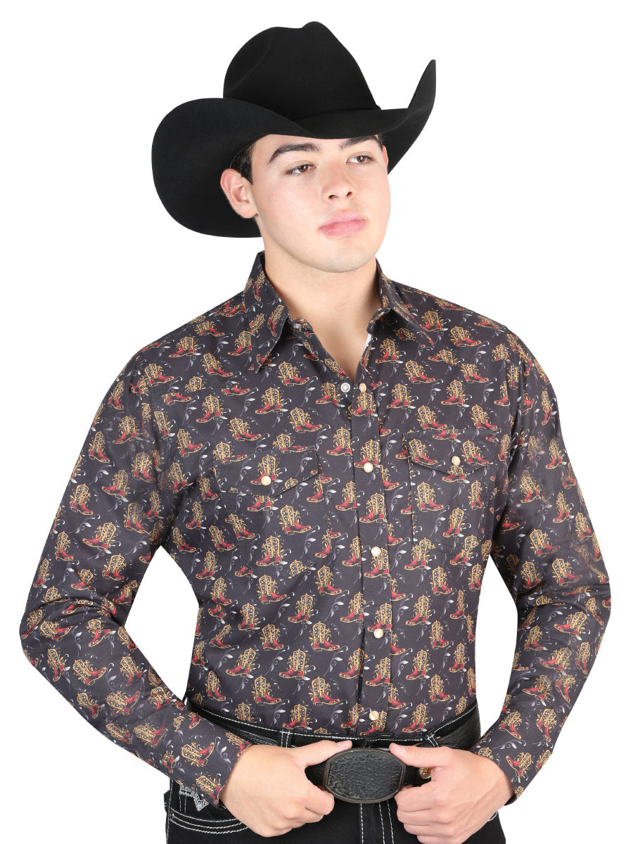 Men's Long Sleeve Western Fashion Snap Button Shirt - Black/Red 44304