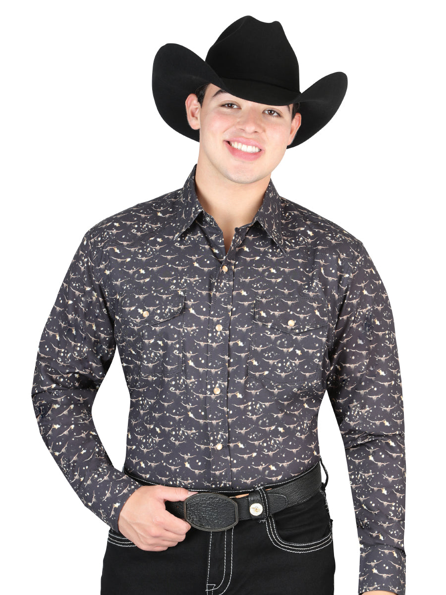 El General Men's Long Sleeve Western Fashion Snap Button Shirt - Black 44309