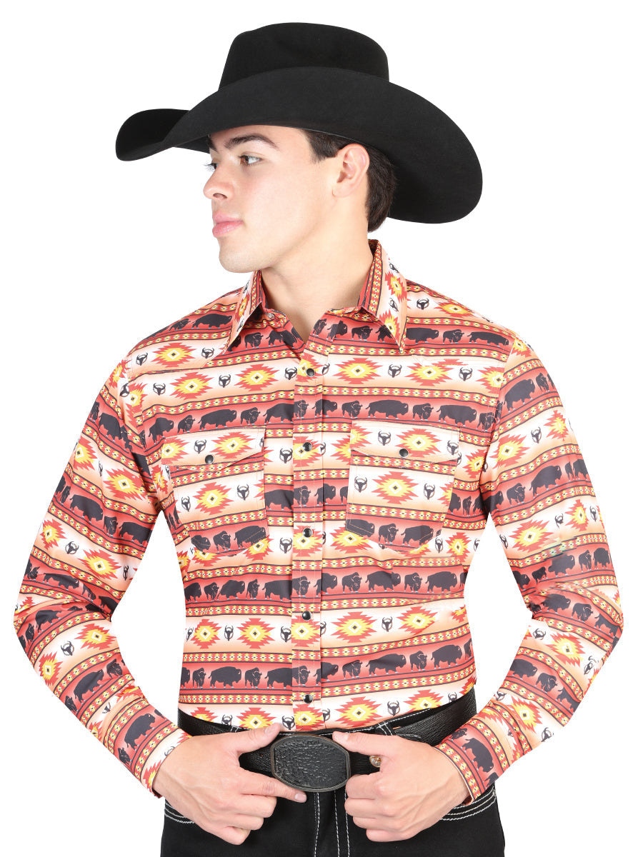 El General Men's Long Sleeve Western Fashion Snap Button Shirt - Orange 44314