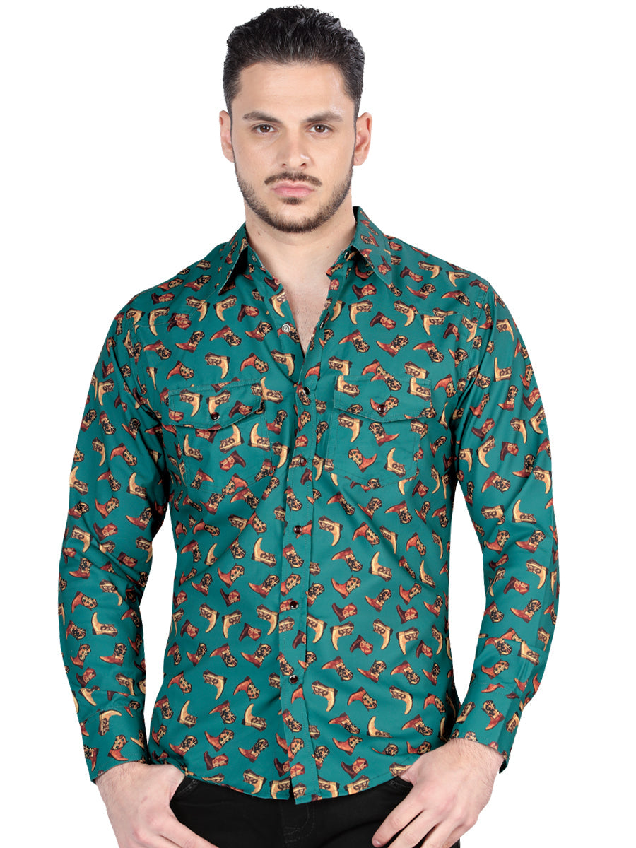 El General Men's Long Sleeve Western Fashion Snap Button Shirt - Green 44319