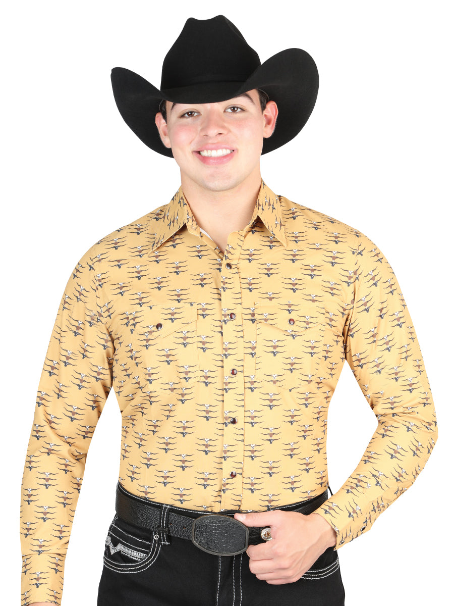 El General Men's Long Sleeve Western Fashion Snap Button Shirt - Yellow 44323